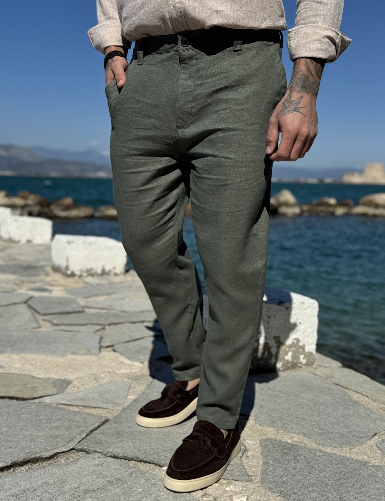 JR3 Ανδρικό λαδί λινό υφασμάτινο παντελόνι με λάστιχο στην μέση JR0022